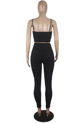 Summer Solid Color Tight Strap Crop Top and Pants 2pc Matching Set