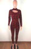 Spring Red Long Sleeve Cut Out Print Bodycon Sexy Jumpsuit