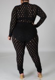 Summer Plus Size Black Hollow Out Long Sleeve Bodycon Jumpsuit