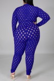 Summer Plus Size Blue Hollow Out Long Sleeve Bodycon Jumpsuit