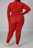 Summer Plus Size Red Hollow Out Long Sleeve Bodycon Jumpsuit