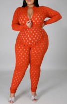 Summer Plus Size Orange Hollow Out Long Sleeve Bodycon Jumpsuit