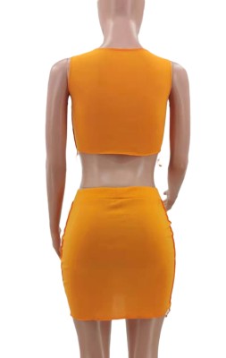 Summer Orange Lace-Up Sexy Crop Top and Mini Skirt Set