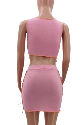 Summer Pink Lace-Up Sexy Crop Top and Mini Skirt Set