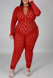 Summer Plus Size Red Hollow Out Long Sleeve Bodycon Jumpsuit