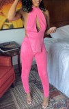 Summer Pink Sexy Keyhole Irregular Top and High Waist Pants 2pc Matching Set