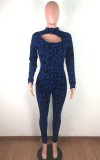 Spring Blue Long Sleeve Cut Out Print Bodycon Sexy Jumpsuit