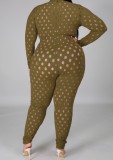 Summer Plus Size Green Hollow Out Long Sleeve Bodycon Jumpsuit