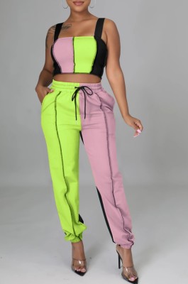Summer Matching Two Piece Contrast Wide Strap Crop Top and Sweatpants Set