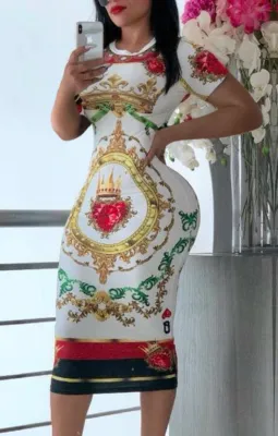 Summer Retro Print Shorts Sleeve Midi Bodycon Dress