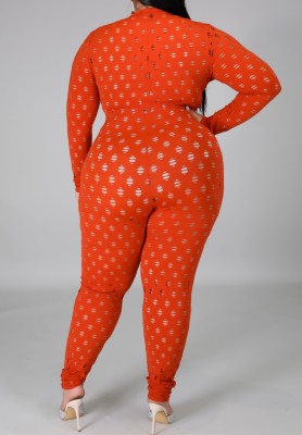 Summer Plus Size Orange Hollow Out Long Sleeve Bodycon Jumpsuit