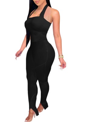 Summer Black Slit Bottom Sexy Halter Bodycon Jumpsuit