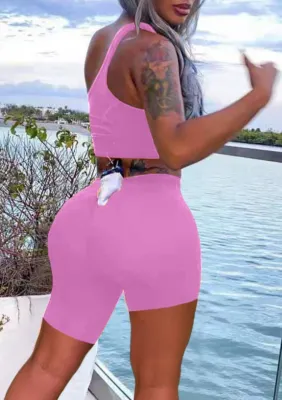 Summer Pink Tight One Shoulder Crop Top and Biker Shorts Set