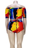 Summer Plus Size Two-Piece Short Sleeves High Waist Colorful Swimwear