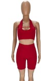 Summer Red Halter Crop Top and Biker Shorts 2PC Sexy Matching Set