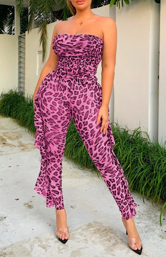 Summer Leopard Purple Ruched Upper Strapless Ruffles Jumpsuit