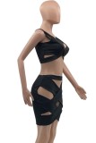 Summer Black Hollow Out Crop Top and Mini Skirt 2PC Bodycon Set