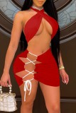 Summer Red Sexy Twist Crop Top and Lace-Up Mini Skirt Matching 2PC Set