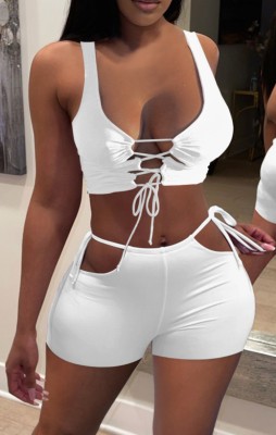 Summer White Sexy Lace-Up Crop Top and Hollow Out Shorts Matching 2PC Set