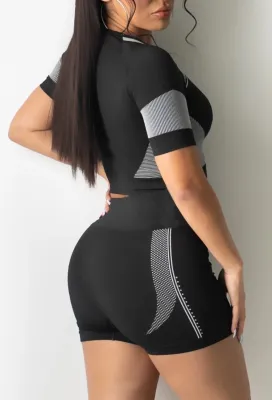 Summer Sports Black Crop Top and High Waist Shorts 2PC Matching Set