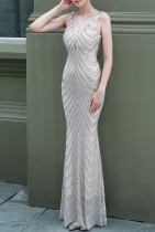 Summer Beige Sequins Sleeveless V-Neck Mermaid Evening Dress