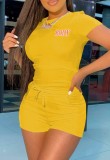 Summer Casual Yellow Print Tight Shirt and Shorts Matching 2PC Set