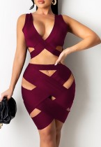 Summer Red Hollow Out Crop Top and Mini Skirt 2PC Bodycon Set