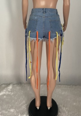 Summer Light Blue High Cut Sexy Tassels Strings Denim Shorts