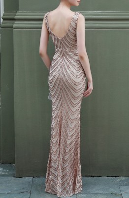 Summer Golden Sequins Sleeveless V-Neck Mermaid Evening Dress