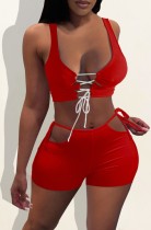 Summer Red Sexy Lace-Up Crop Top and Hollow Out Shorts Matching 2PC Set