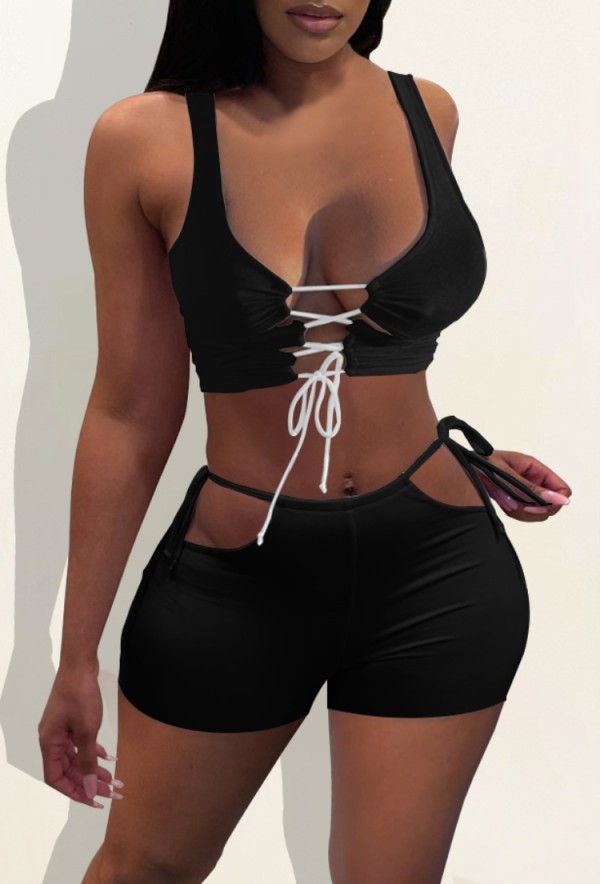 Summer Black Sexy Lace-Up Crop Top and Hollow Out Shorts Matching 2PC Set