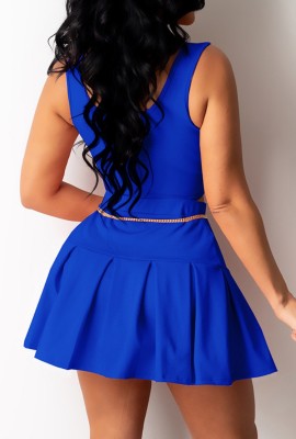 Summer Blue Tank Crop Top and High Waist Pleated Skirt Matching Set