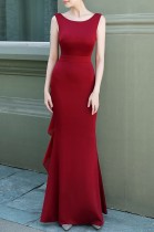 Summer Red Sleeveless O-Neck Ruffles Mermaid Evening Dress