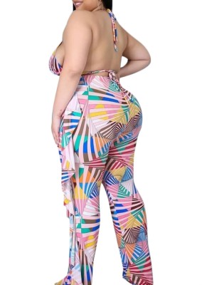 Summer Plus Size Colorful Bra and Ruffles Pants 2PC Matching Set