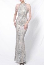 Summer Silver Sequins Scoop Neck Mermaid Evening Dress