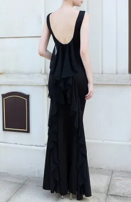Summer Black Sleeveless O-Neck Ruffles Mermaid Evening Dress