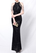 Summer Black Sequins Scoop Neck Mermaid Evening Dress