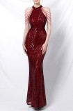 Summer Red Sequins Scoop Neck Mermaid Evening Dress