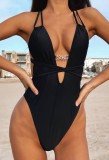 Summer 1 Piece Black High Cut Strap Swimwear