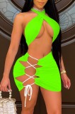 Summer Green Sexy Twist Crop Top and Lace-Up Mini Skirt Matching 2PC Set