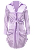 Spring Long Sleeve Knotted Elegant Purple Blouse Dress