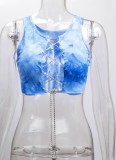Summer Tie Dye Blue Chains Lace-Up Tank Crop Top