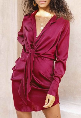 Spring Long Sleeve Knotted Elegant Red Blouse Dress