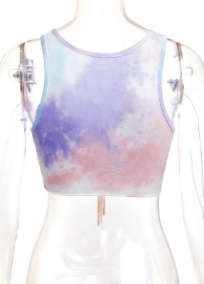 Summer Tie Dye Purple Chains Lace-Up Sleeveless Crop Top