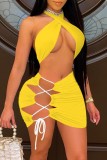 Summer Yellow Sexy Twist Crop Top and Lace-Up Mini Skirt Matching 2PC Set
