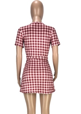 Summer Red Plaid Print Wrapped Skater Dress