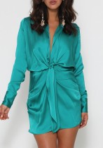 Spring Long Sleeve Knotted Elegant Green Blouse Dress