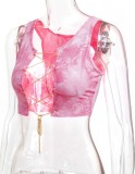 Summer Tie Dye Pink Chains Lace-Up Sleeveless Crop Top