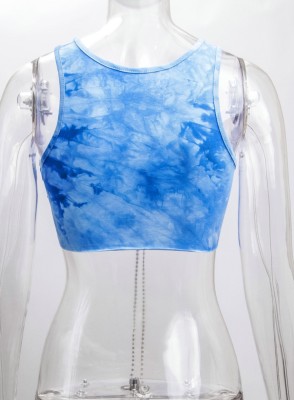 Summer Tie Dye Blue Chains Lace-Up Tank Crop Top
