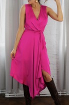 Summer Pink Sleeveless Wrapped Irregular Elegant Long Dress